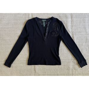 Ralph Lauren Womens Black Ribbed Henley Top Beaded Embroidered Y2K Long Sleeve M